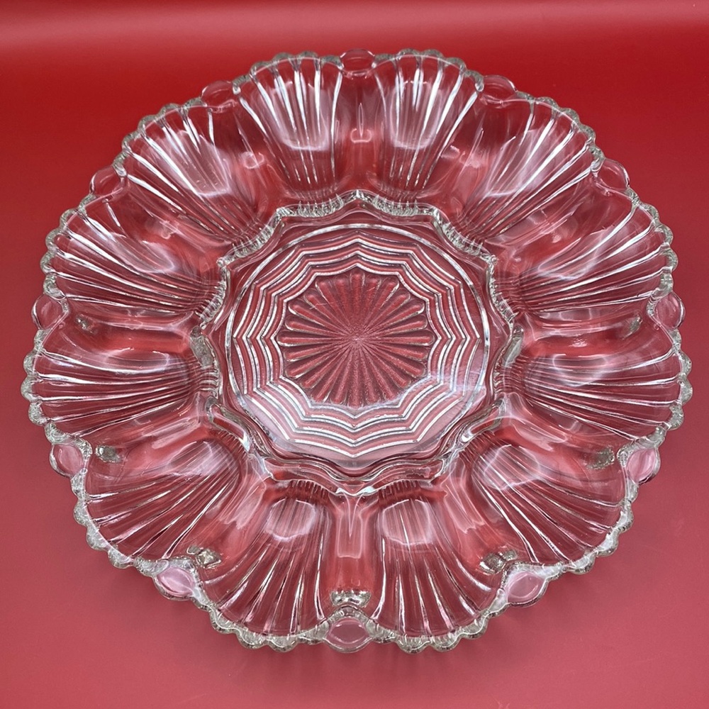 Vintage Glass Scalloped Deviled Eggs Platter